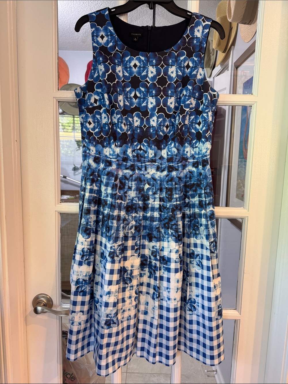 Talbots blue floral, gingham, pleated shit and flare dress -size 8